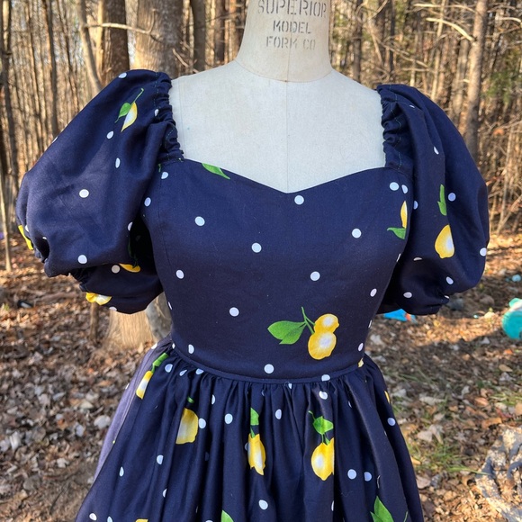 Handmade Puff Sleeve Sweetheart Navy Blue Dots & Lemons Border Cottagecore Gown - Picture 4 of 4